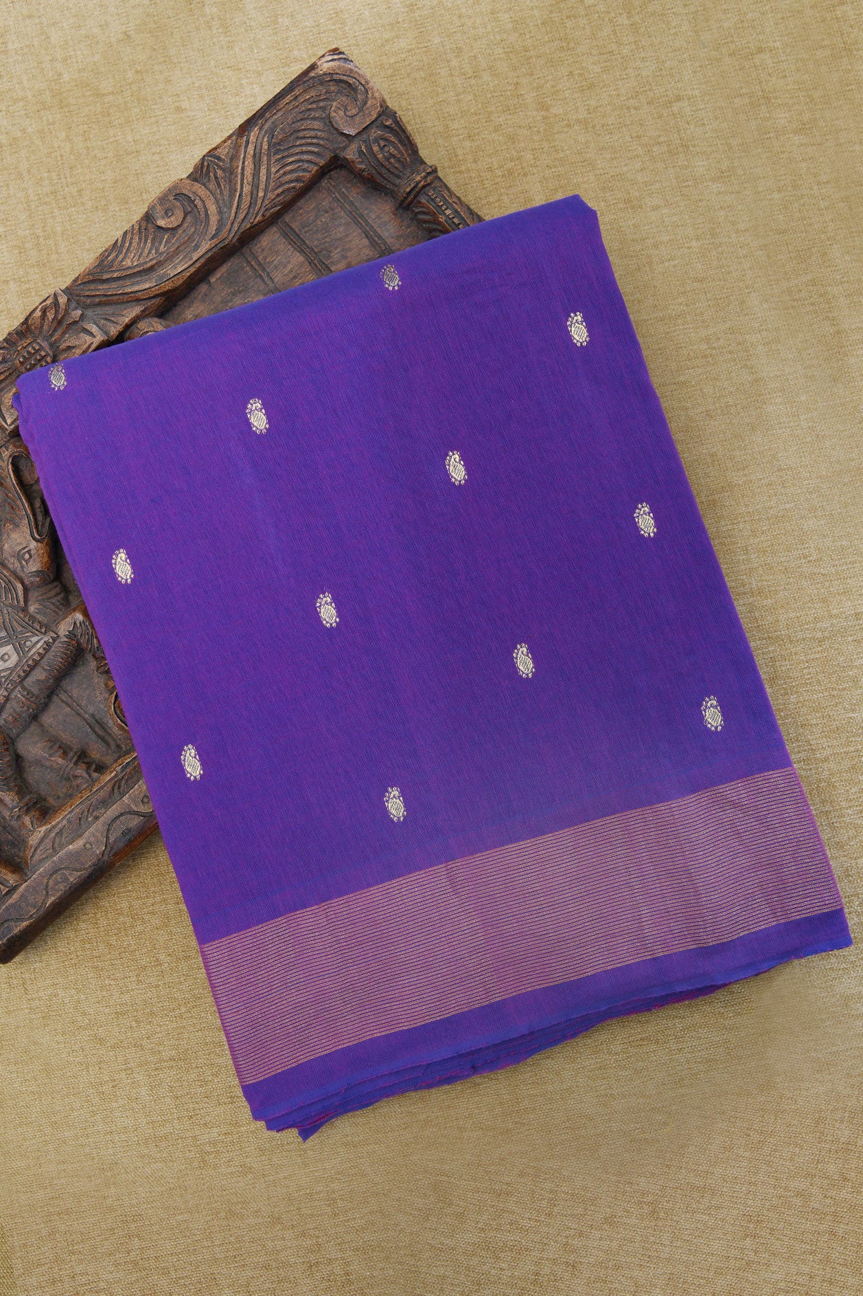  Stripes Zari Border With Paisley Buttis Brinjal Purple Paithani Handloom Cotton Saree 