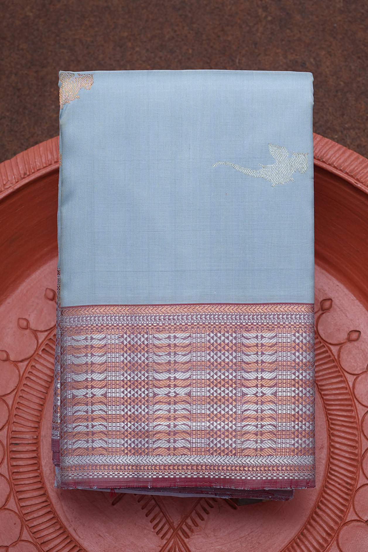  Parrot Zari Motifs Pastel Blue Kanchipuram Silk Saree 