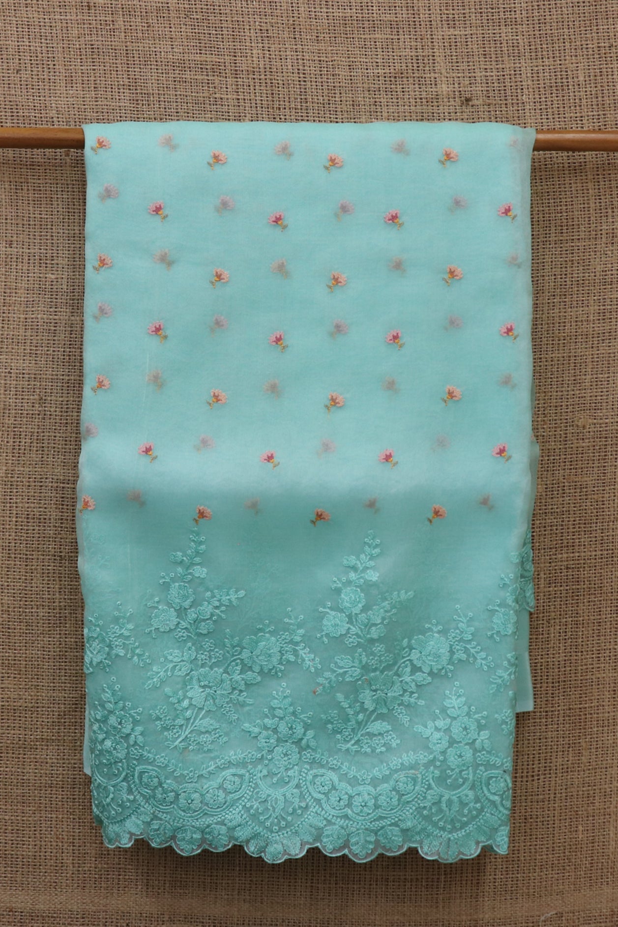  Embroidered Work Floral Buttis Turquoise Blue Organza Saree 