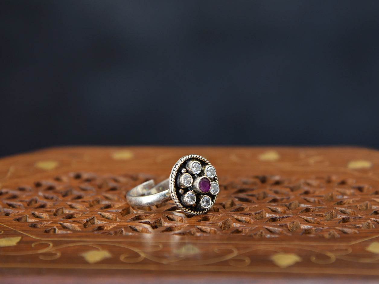  Pure Silver Purple And White Stones Adjustable Ring 