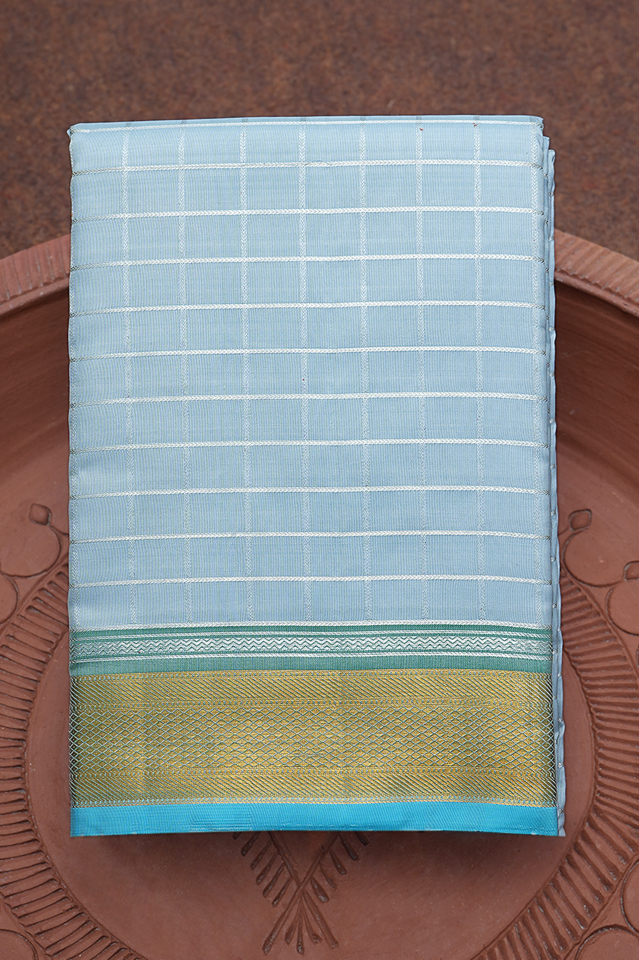  Zari Checked Pastel Blue Kanchipuram Silk Saree 