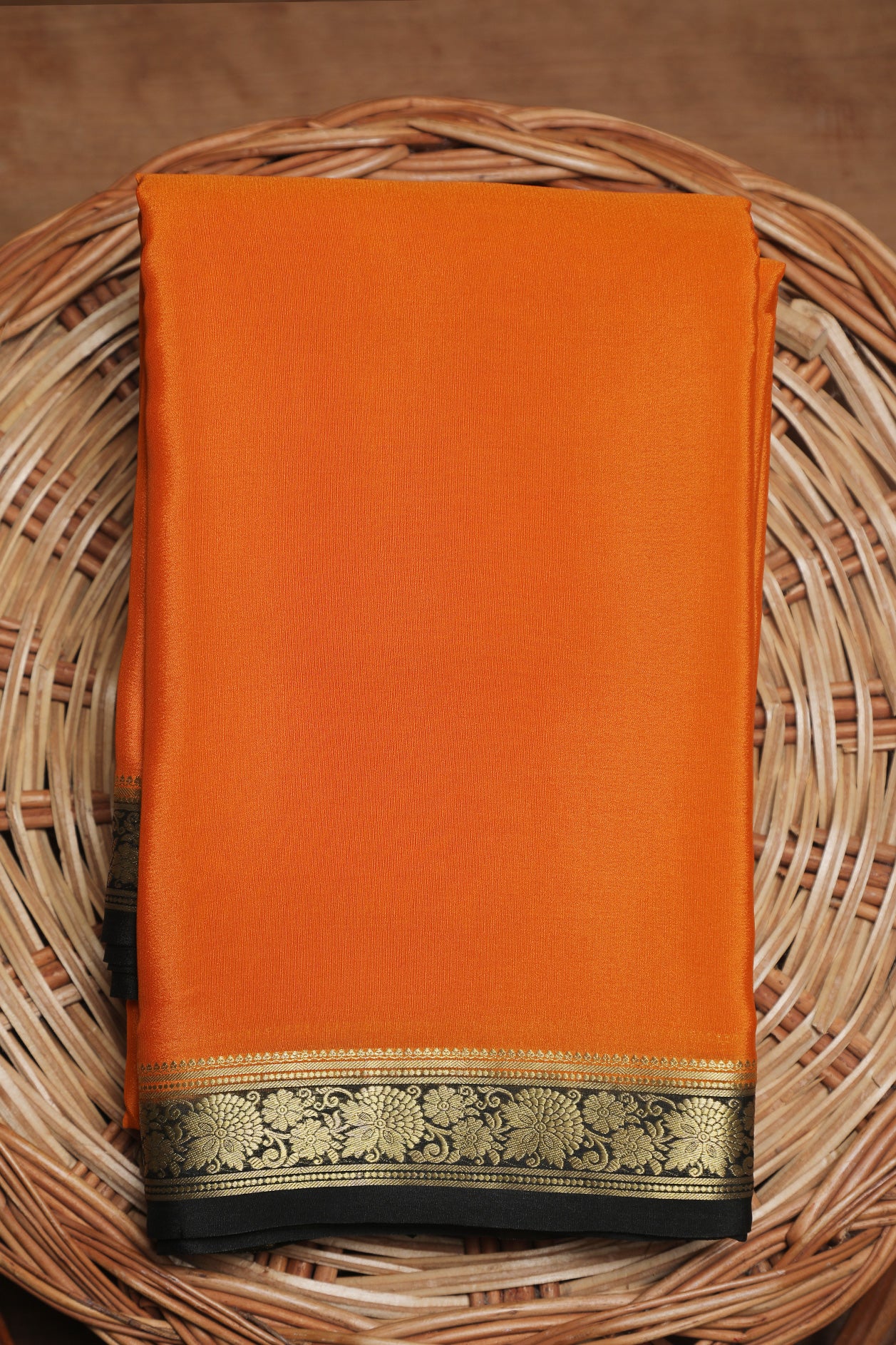  Contrast Zari Border Carrot Orange Mysore Silk Saree 