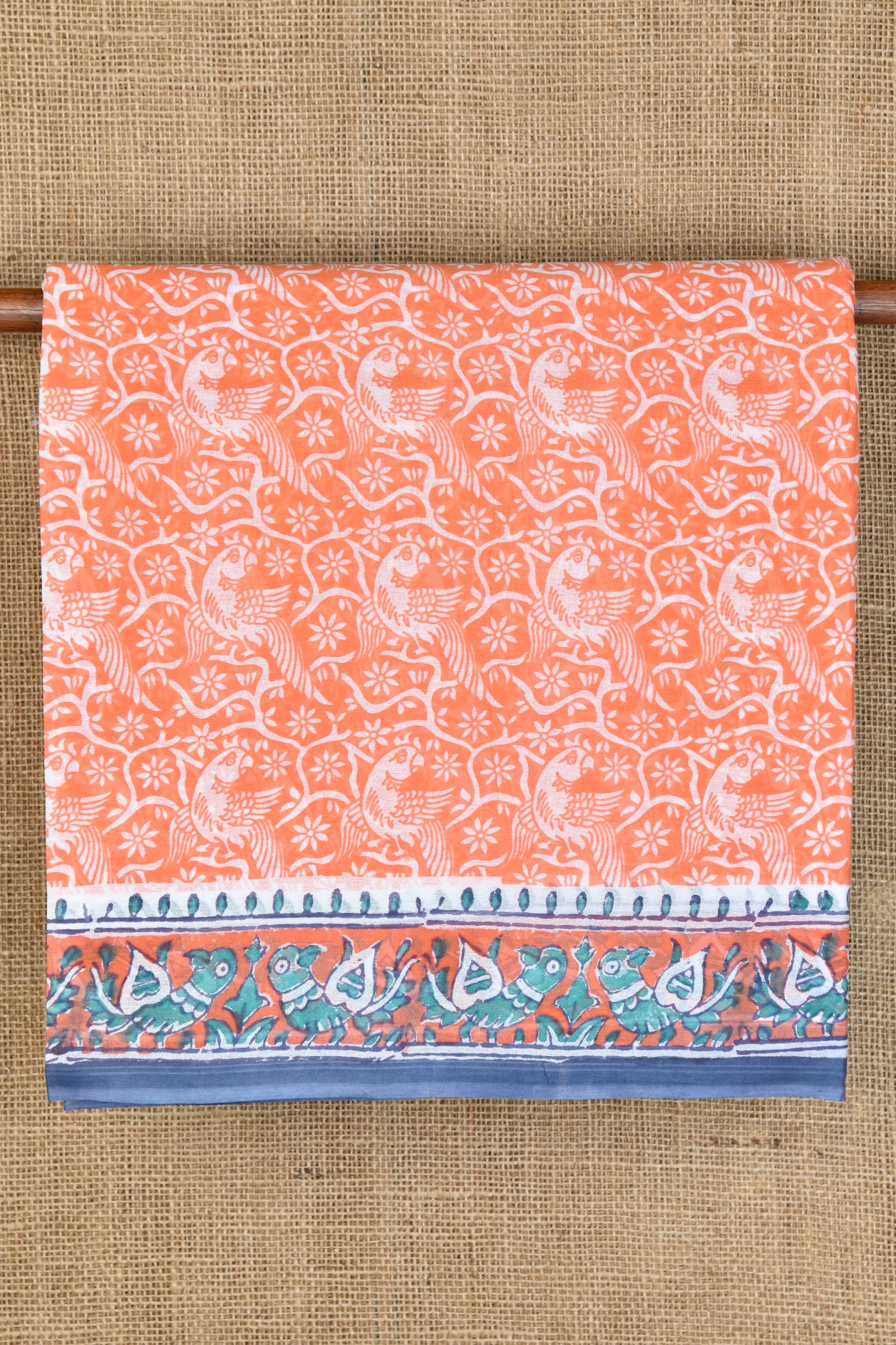  Parrot Motif Printed Pastel Orange Hyderabad Cotton Saree 