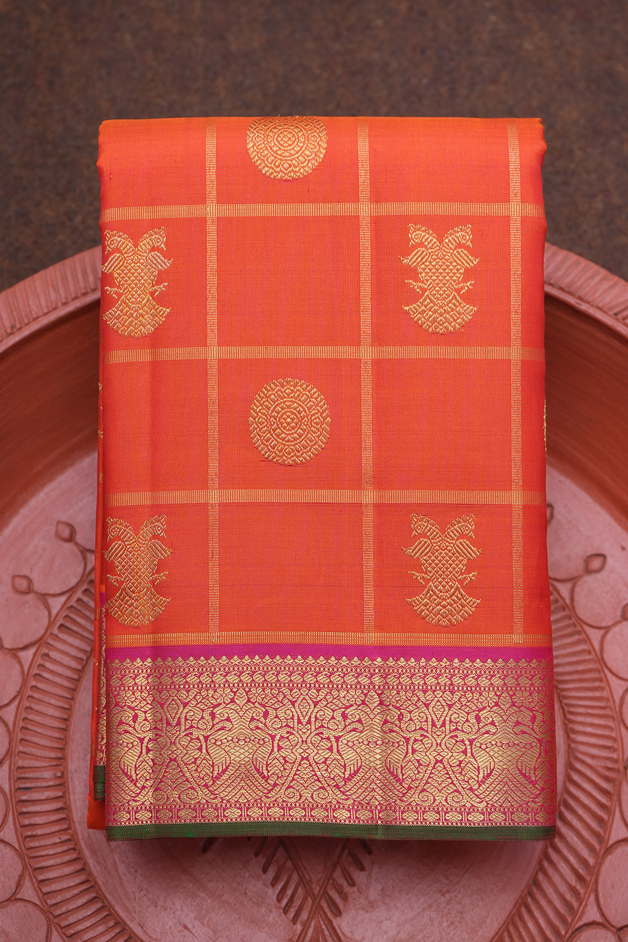  Checks With Buttas Orange Kanchipuram Silk Saree 