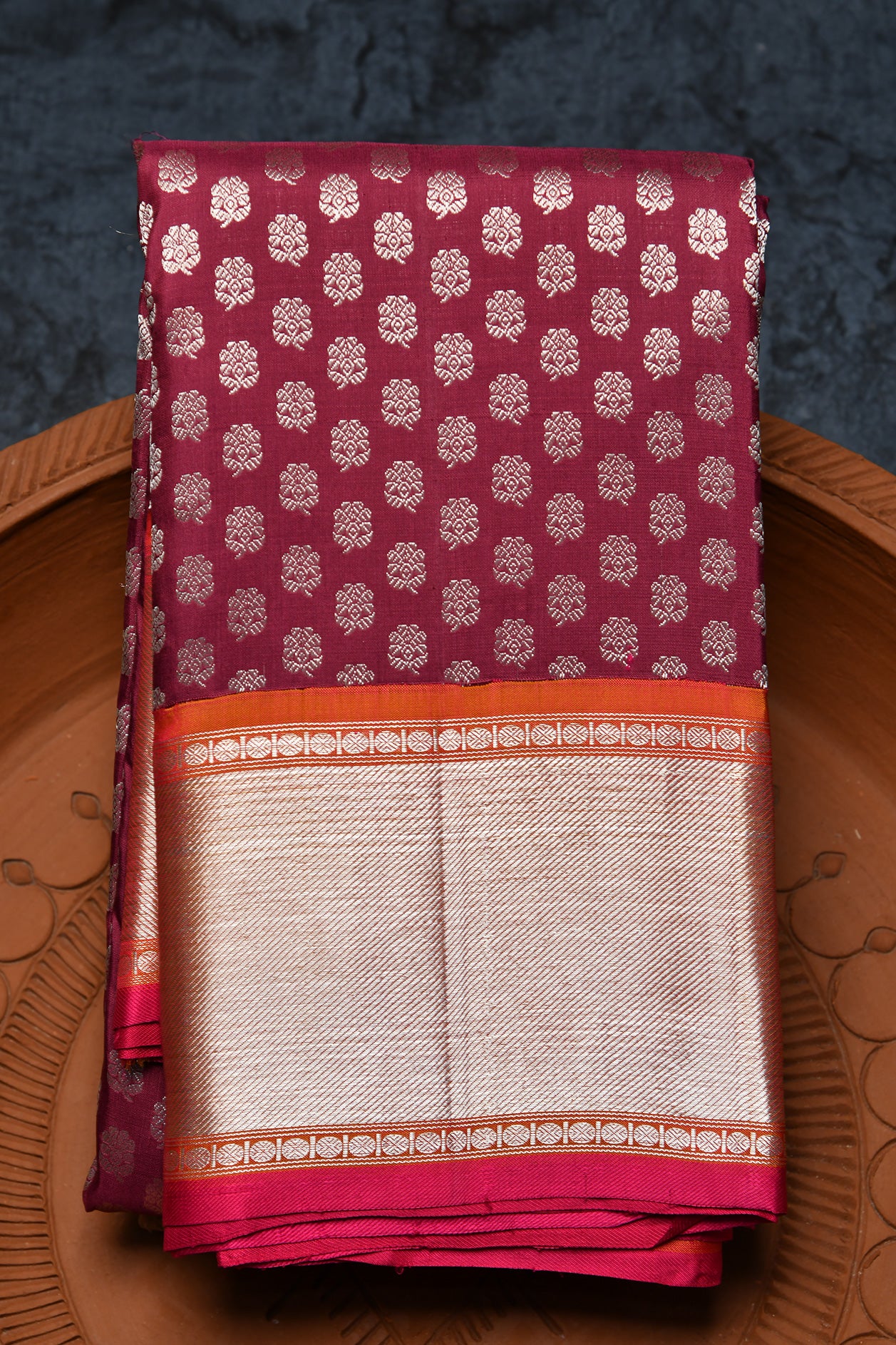  Silver Zari Big Border With Floral Buttis Burgundy Purple Kanchipuram Silk Saree 