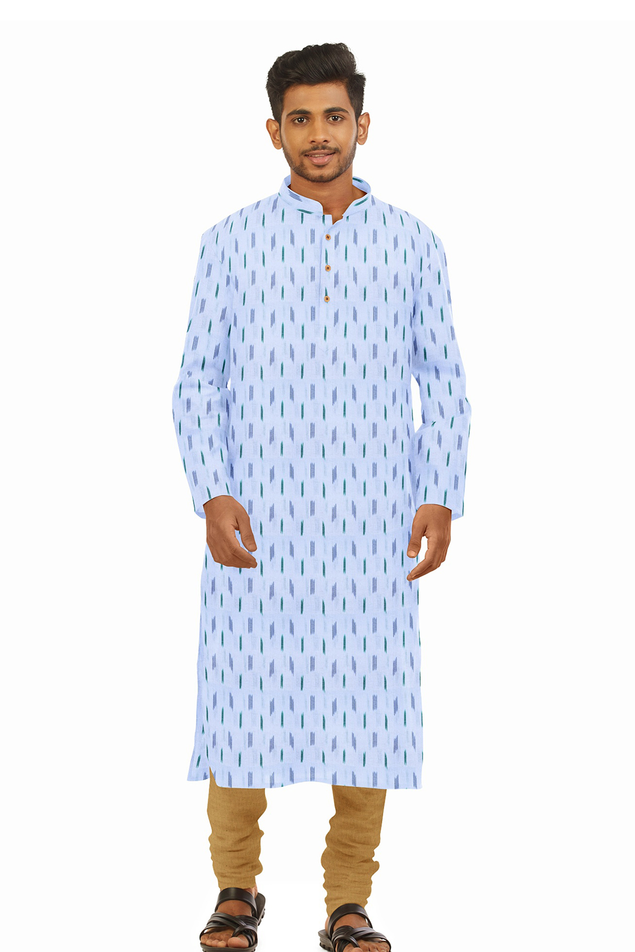  Chinese Collar White Ikat Cotton Long Kurta 