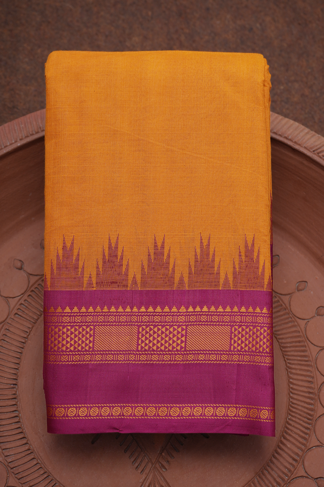  Contrast Silk Border Plain Ochre Orange Gadwal Silk Cotton Saree 