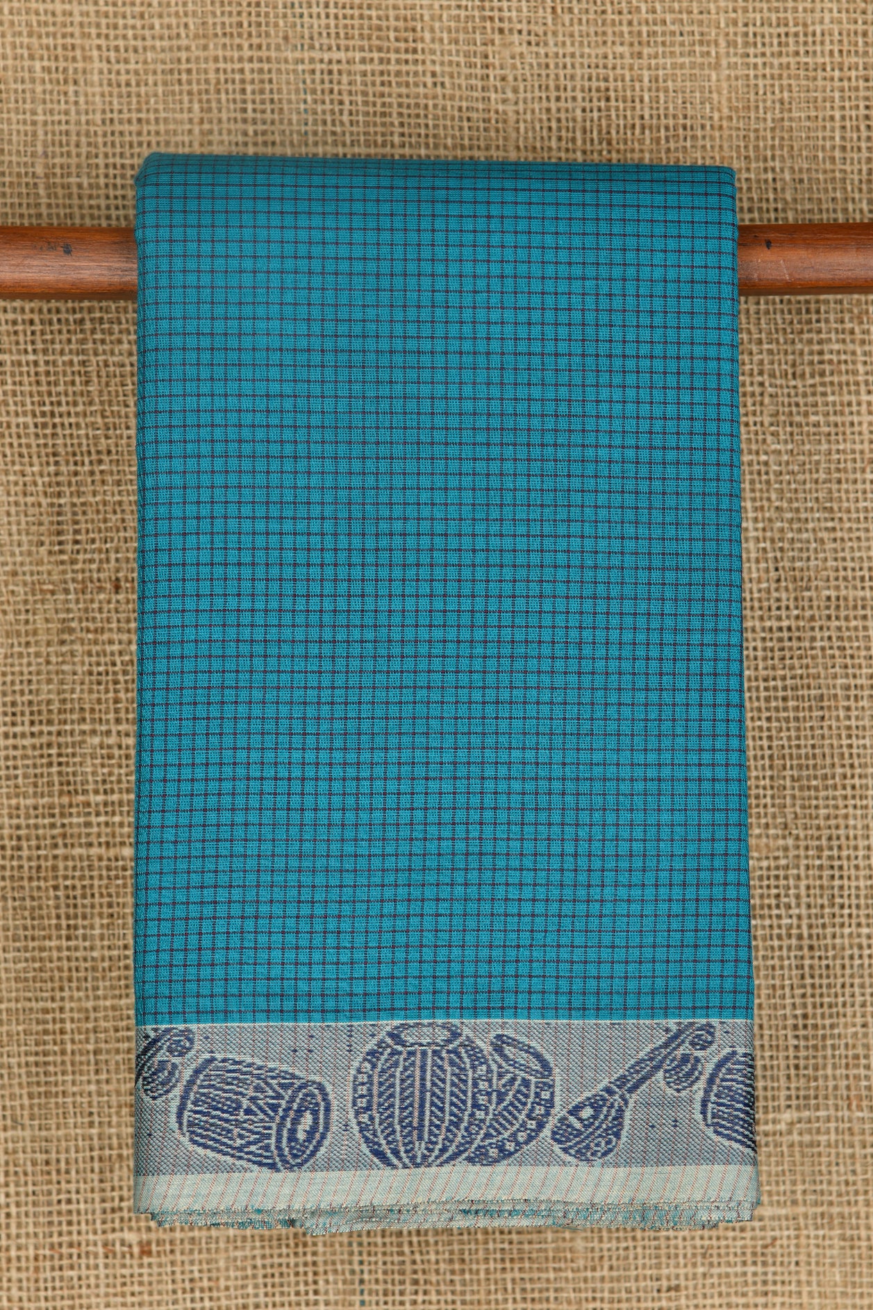  Musical Instruments Thread Work Border With Checks Peacock Blue Chettinadu Cotton Saree 