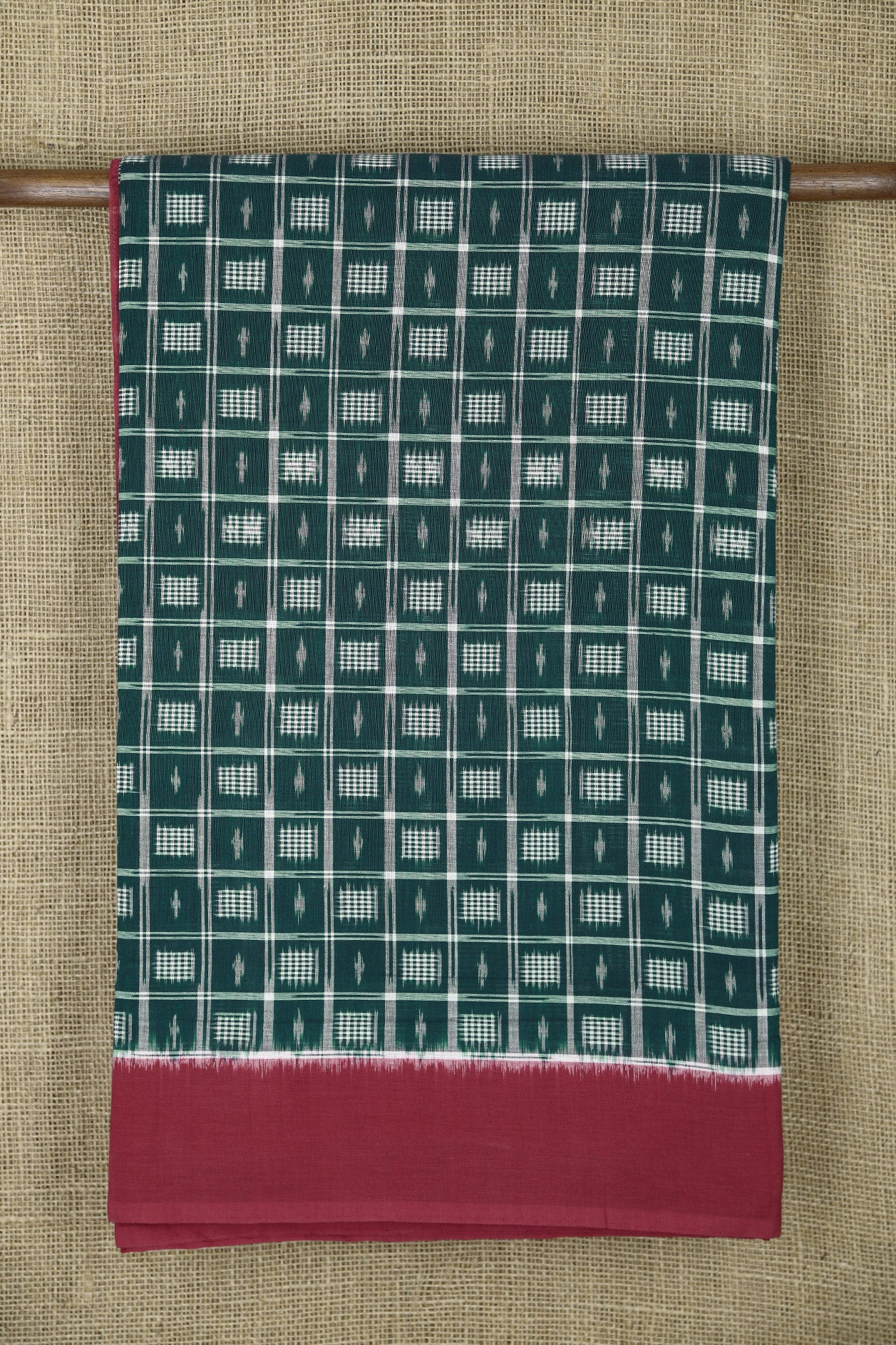  Contrast Border With Checks Bottle Green Pochampally Cotton Saree 