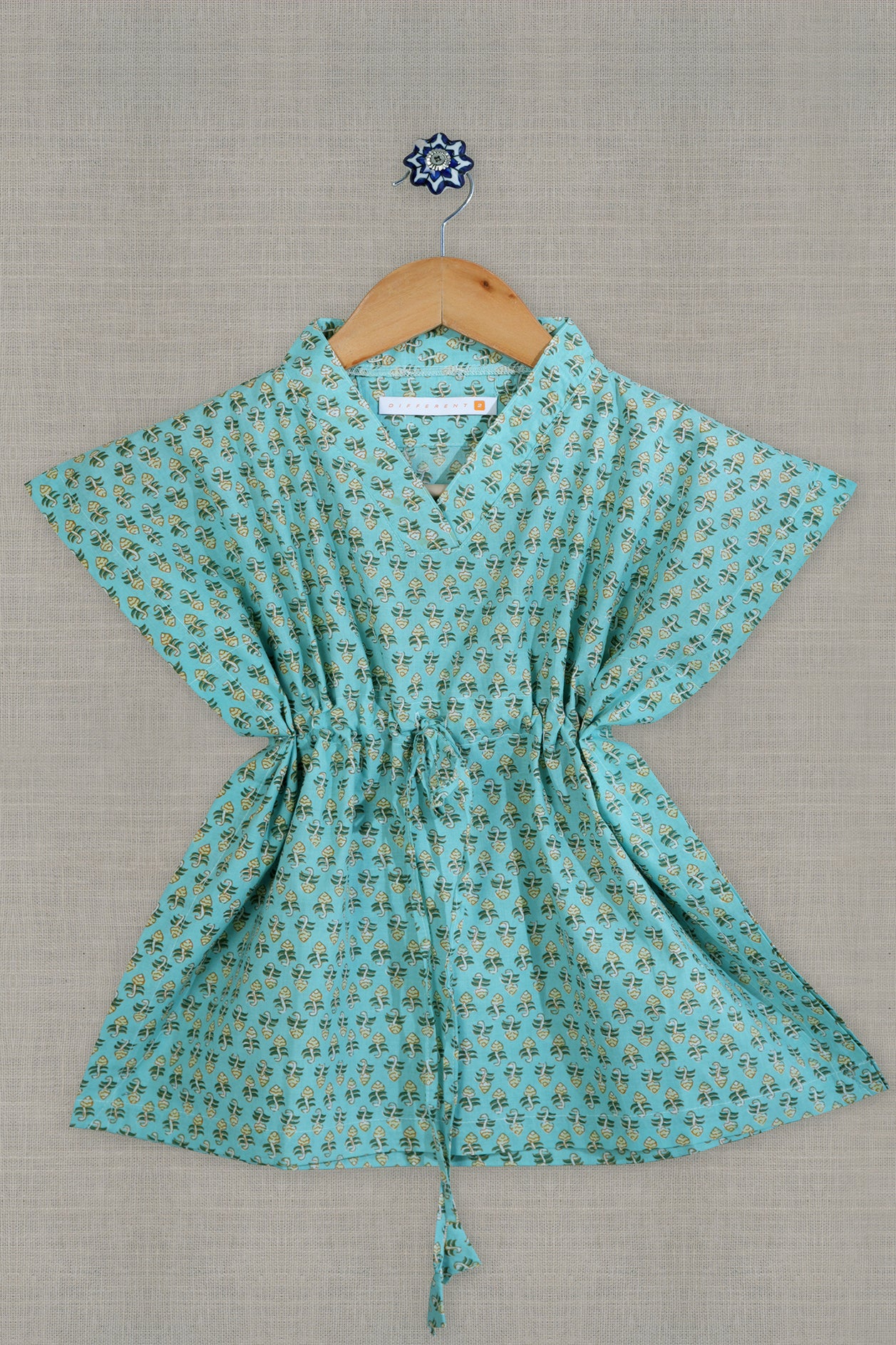  V-Neck Printed Mint Green Cotton Kaftan 