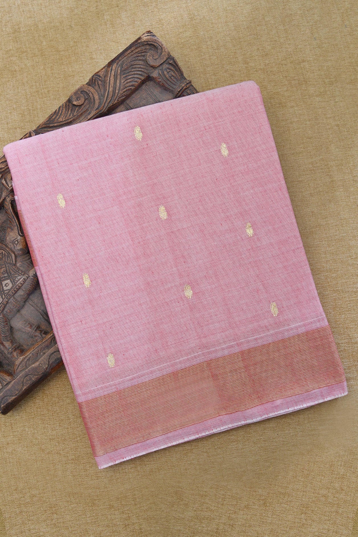  Stripes Zari Border With Paisley Buttis Pastel Pink Paithani Cotton Saree 