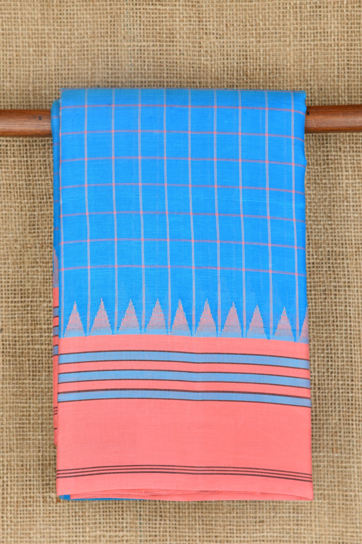  Sky Blue Checked Body With Peach Pink Silk Temple Border Kanchi Cotton Saree 