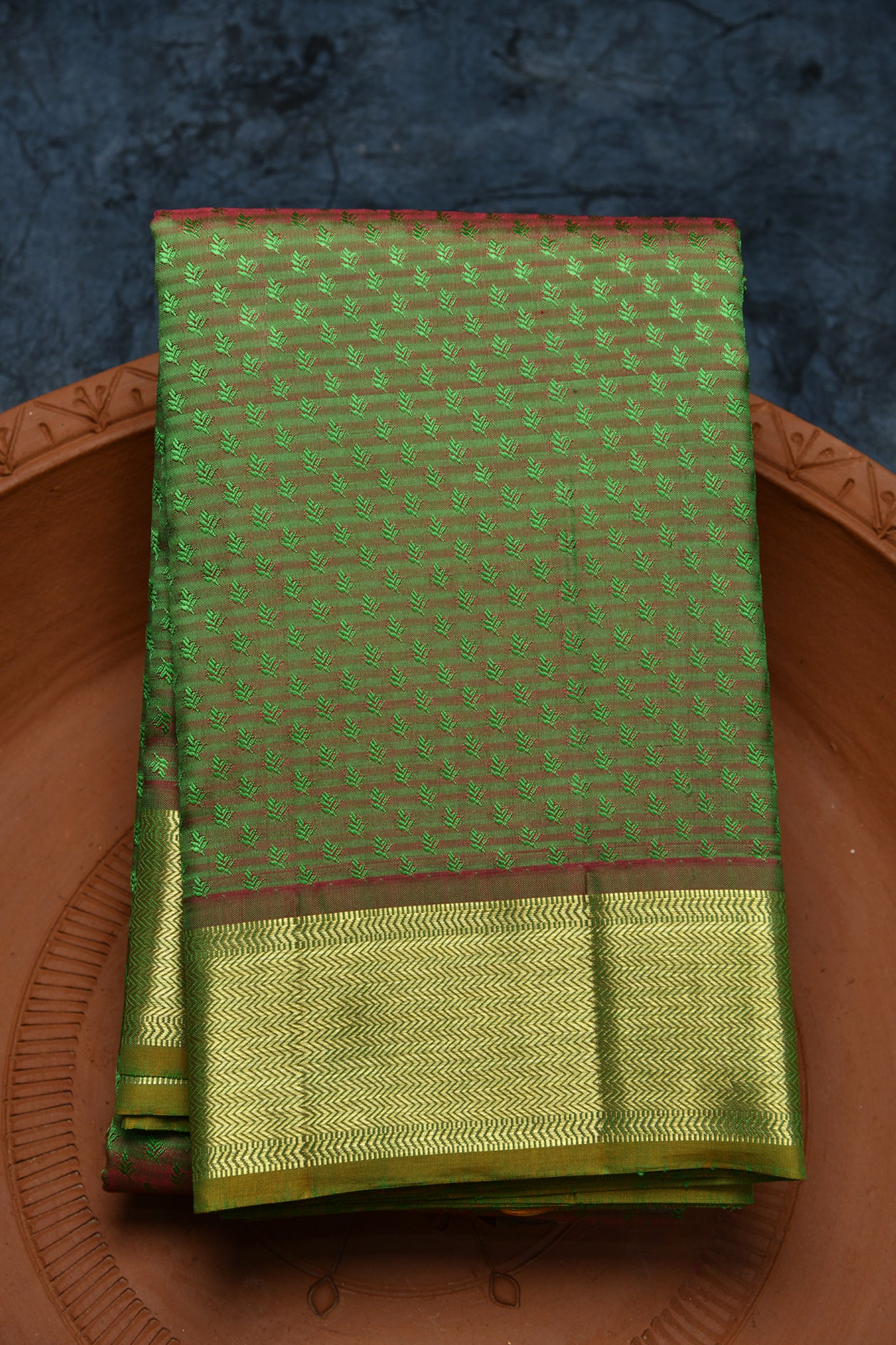  Chevron Border Fern Green Kanchipuram Silk Saree 