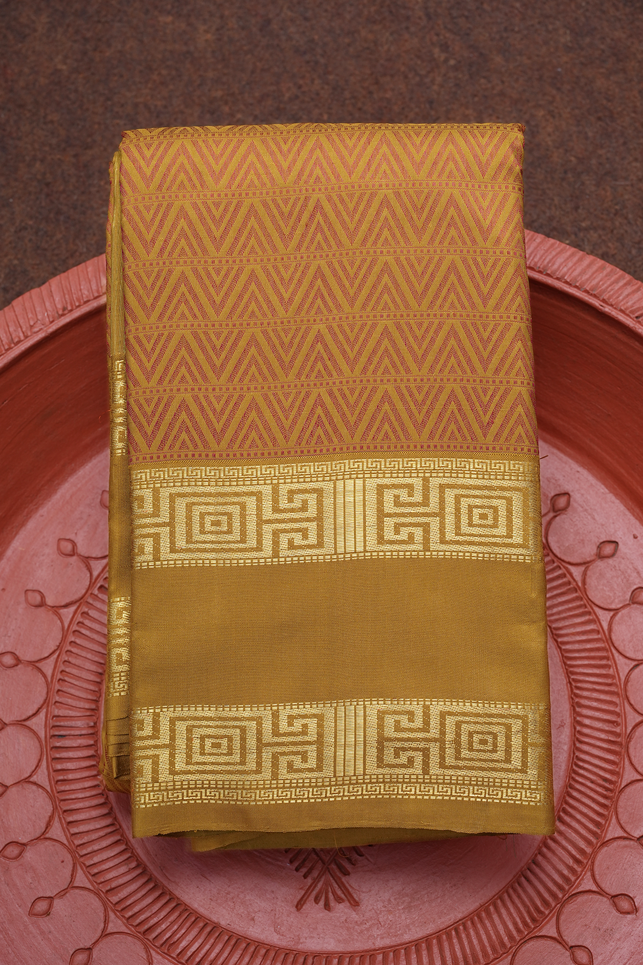  Chevron Design Golden Brown Kanchipuram Silk Saree 