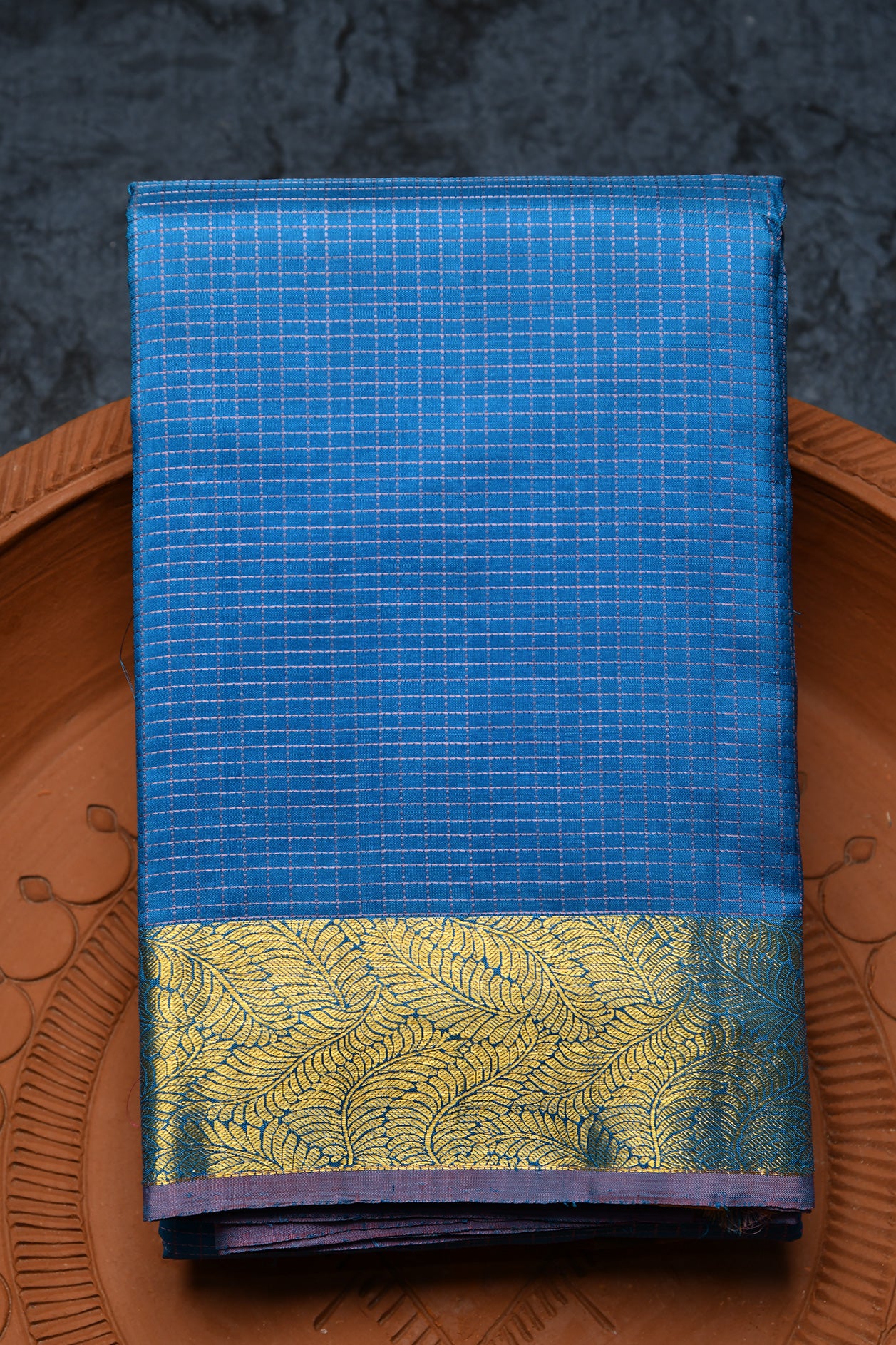  Leaf Design Border With Zari Checks Cerulean Blue Kanchipuram Silk Saree 