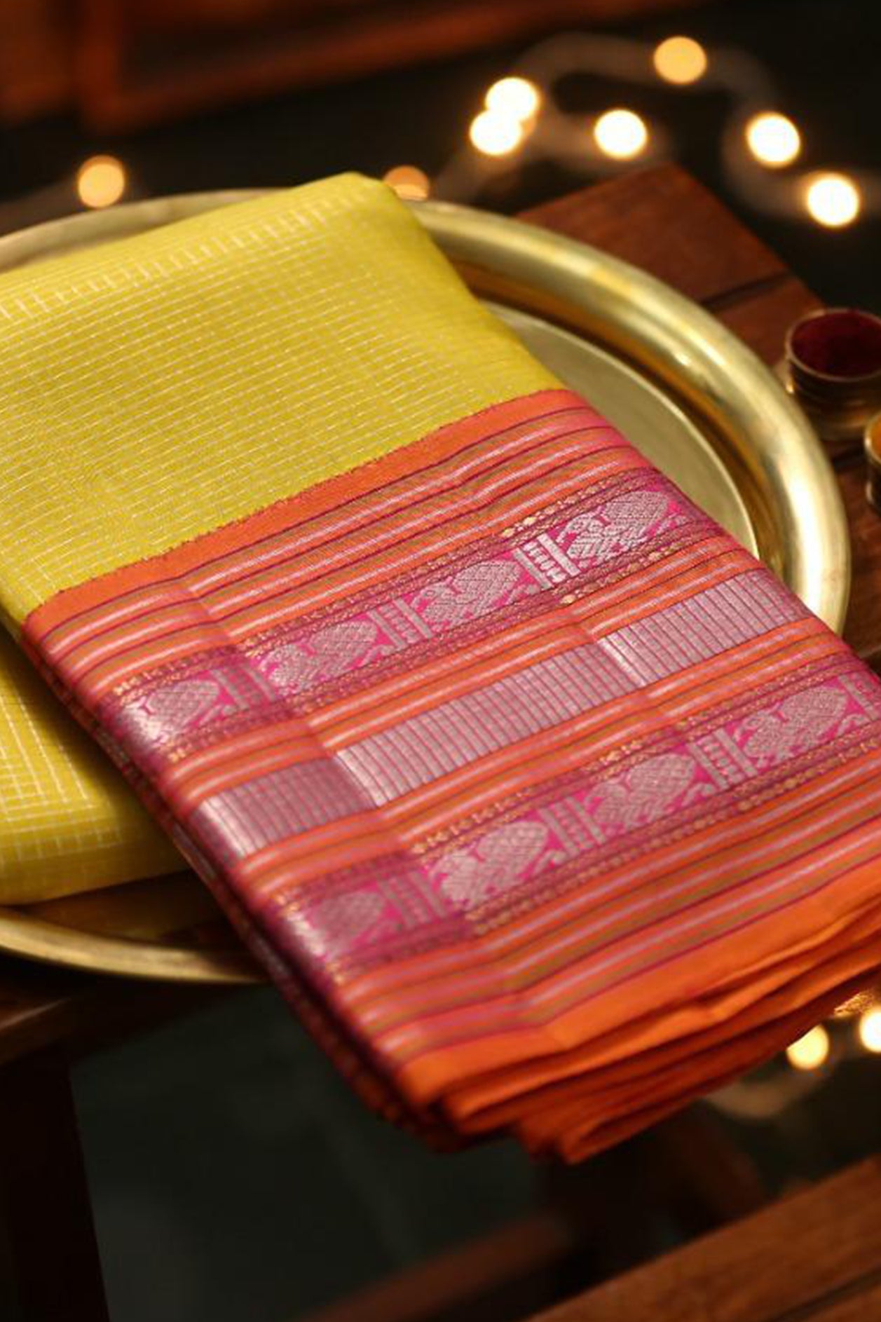  Traditional Korvai Annam Border With Silver Zari Checks Banana Yellow Kanchipuram Silk Saree 