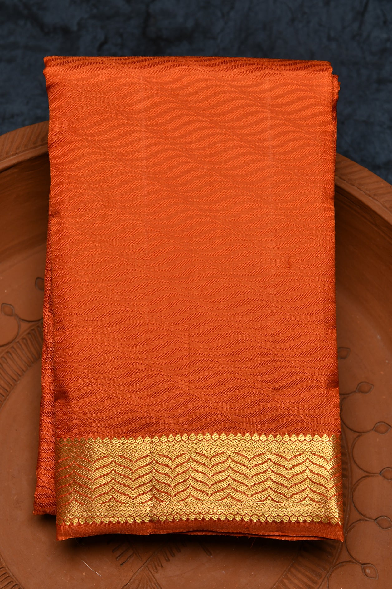  Chevron Zari Border With Self Design Ochre Orange Kanchipuram Silk Saree 