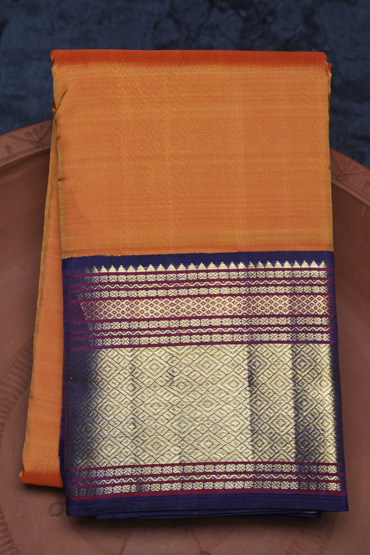  Diamond Border Rust Orange Kanchipuram Silk Saree 