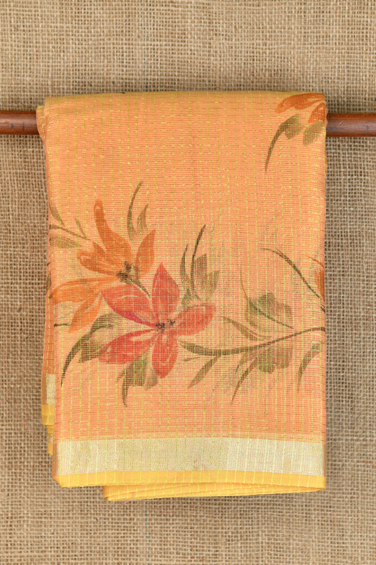  Small Zari Border With Floral Design And Zari Checks Peach Orange Kota Cotton Saree 