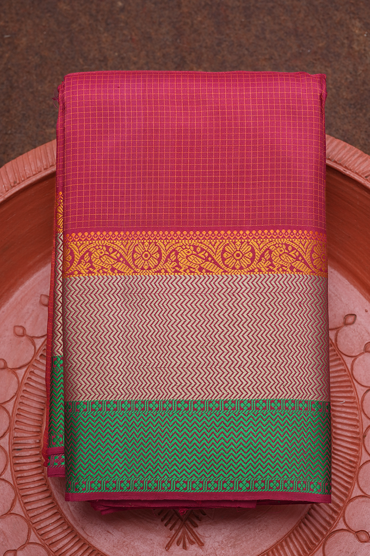  Allover Checks Design Ruby Red Kanchipuram Silk Saree 