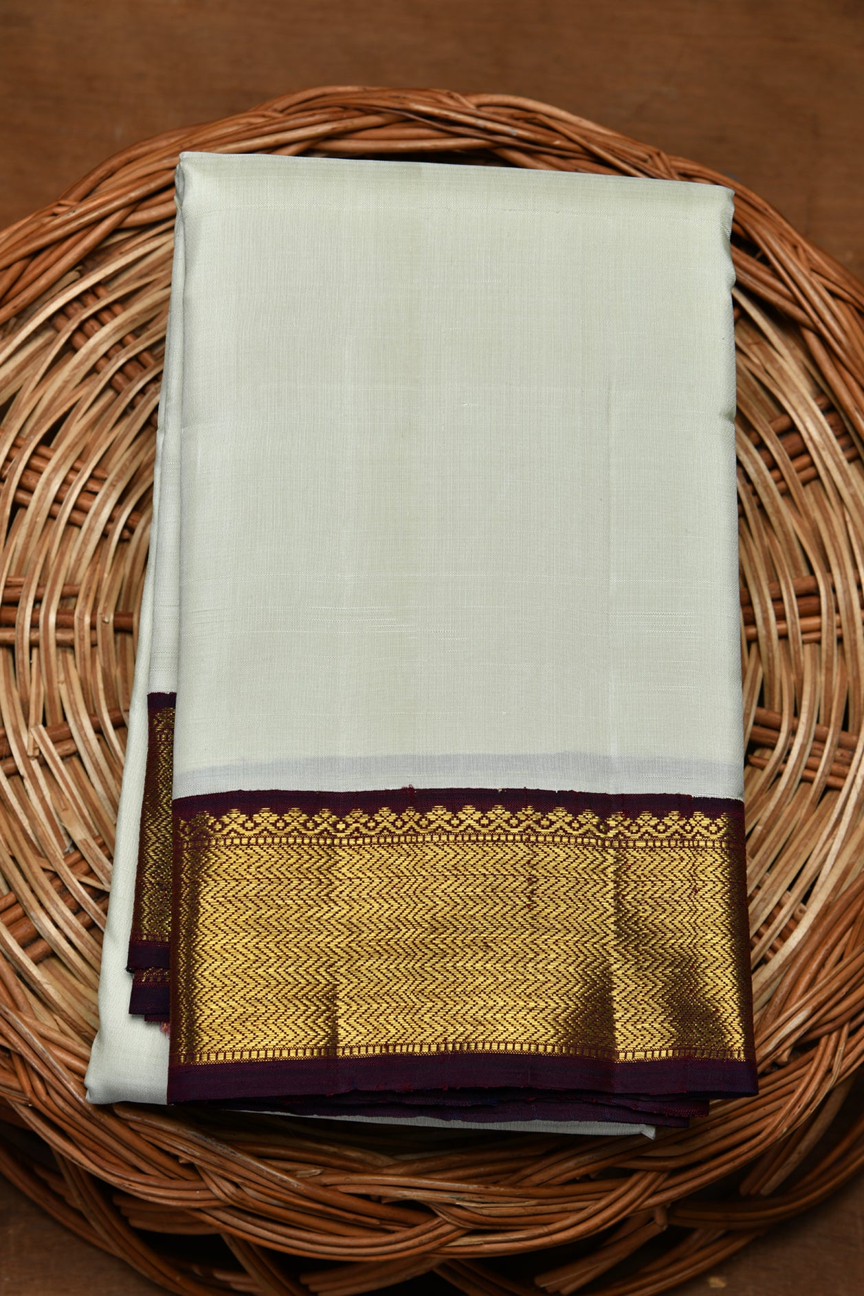  Chevron Border Off White Kanchipuram Silk Saree 