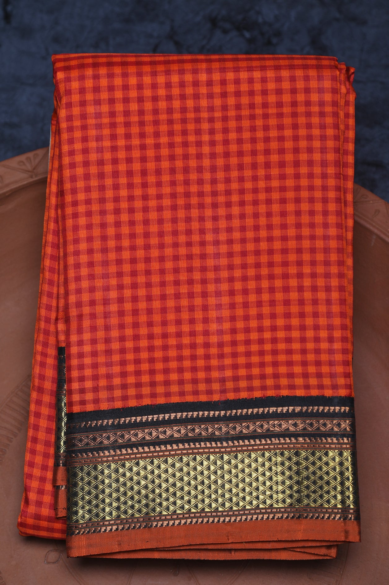  Arai Madam Border Rust And Orange Kattam Kanchipuram Silk Saree 