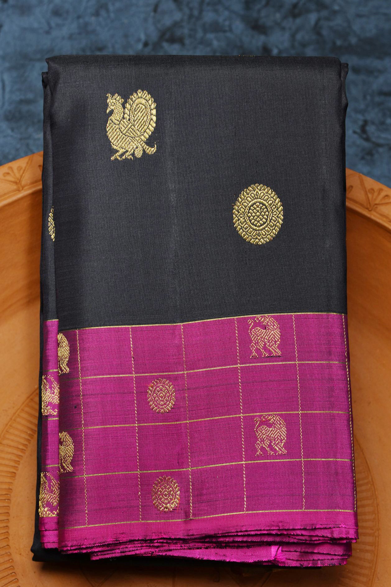  Checked Design Border Zari Butta Black Kanchipuram Silk Saree 