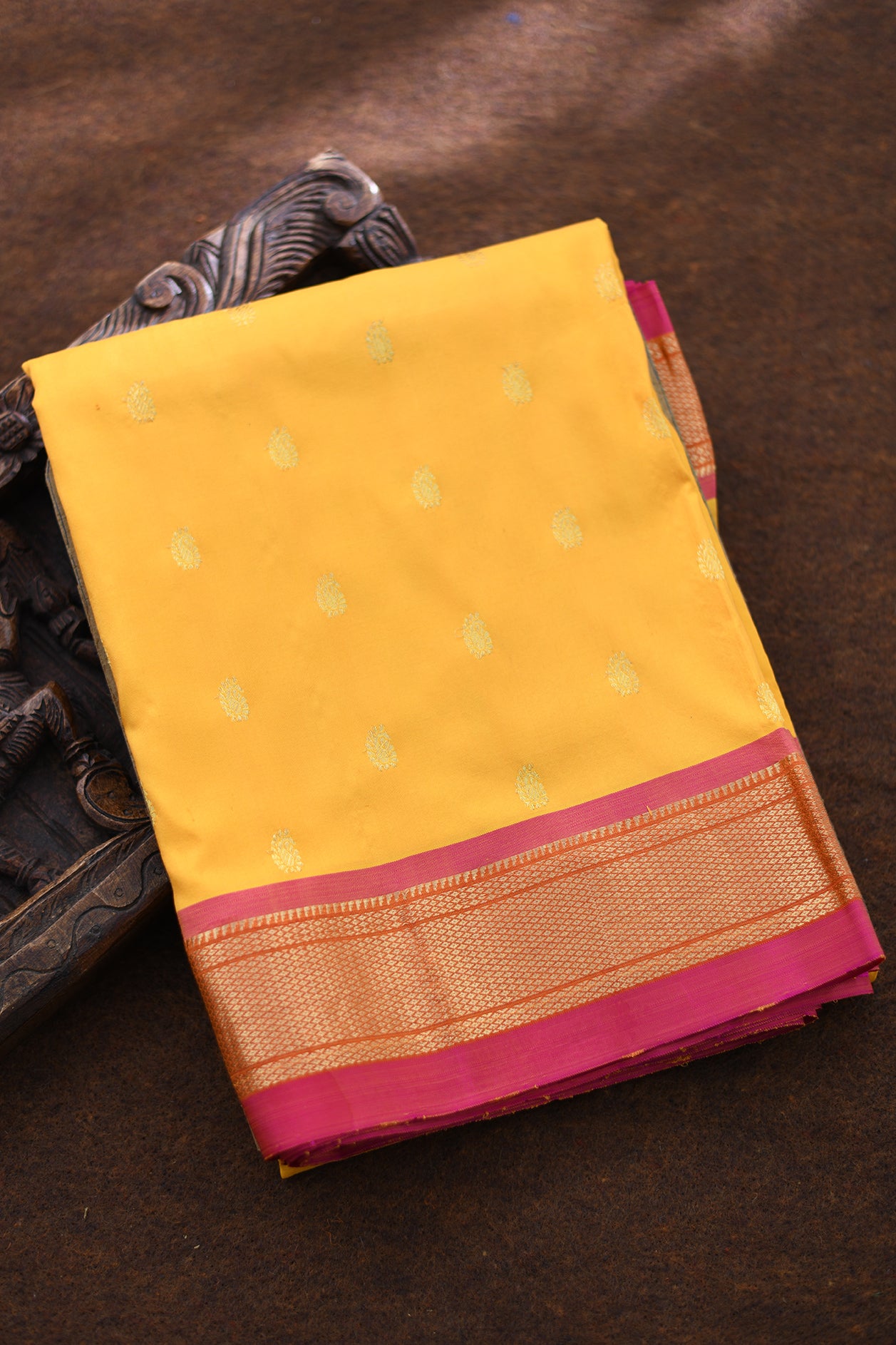  Small Diamond Zari Border With Paisley Buttis Deep Yellow Paithani Semi Silk Saree 