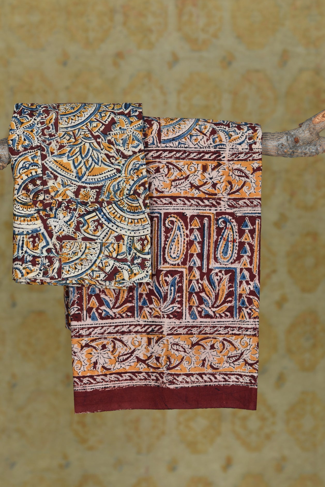  Maroon With Mustard Yellow And Blue Kalamkari Printed Pure Cotton Single Bedspread With Pillowcase 