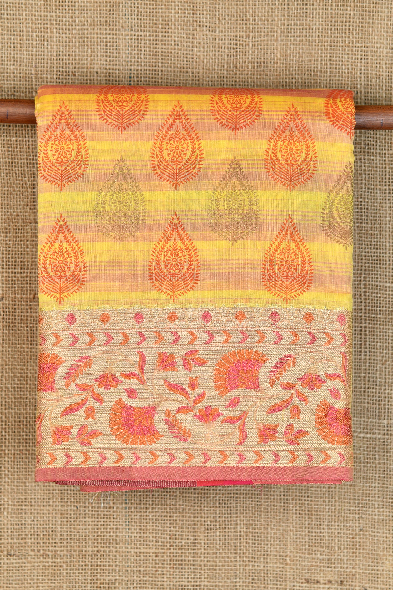  Thread Work Border With Printed Buttis Yellow Chanderi Cotton Saree 