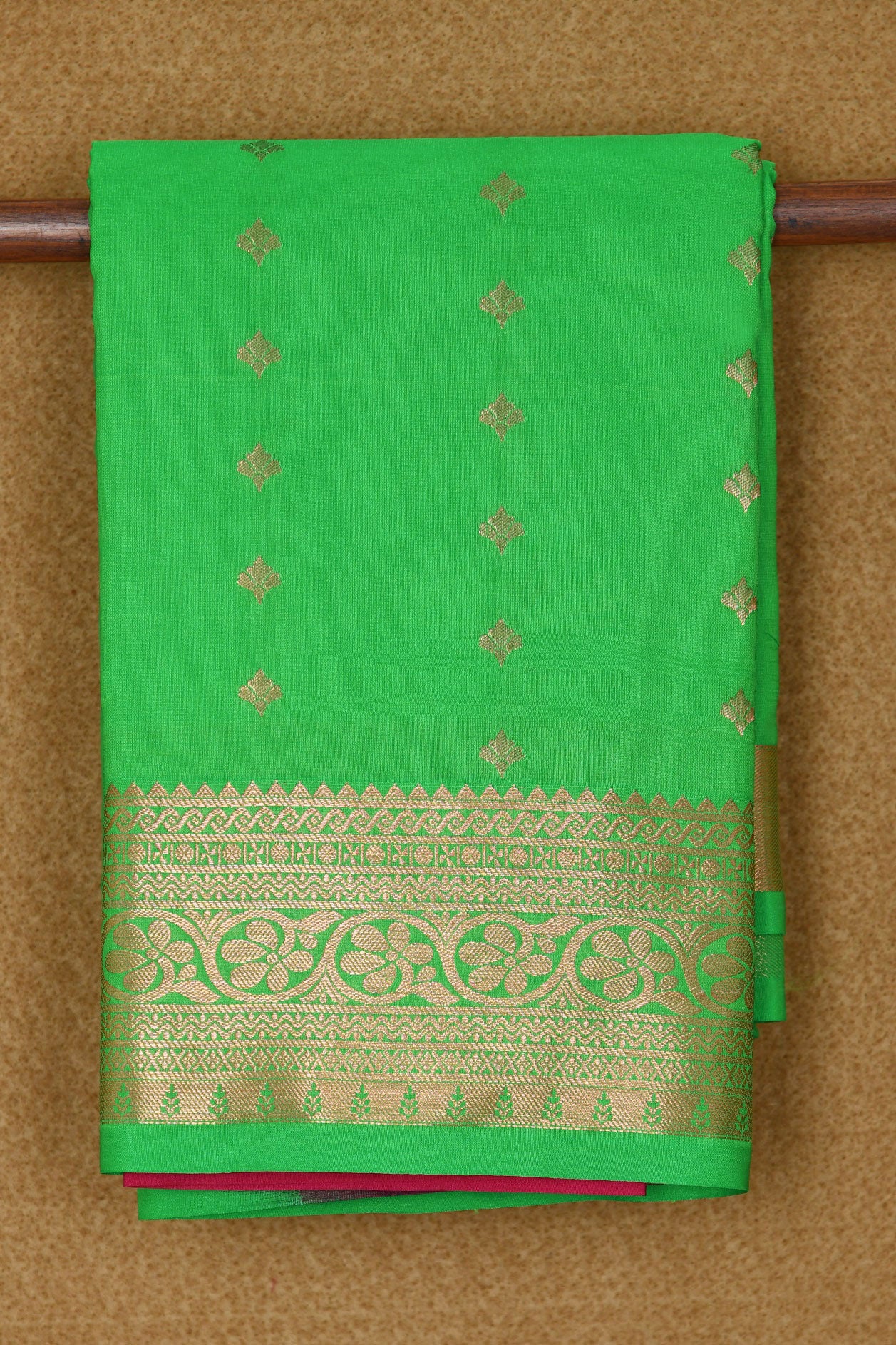  Copper Zari Border With Bindi Buttis Parrot Green Apoorva Art Silk Saree 