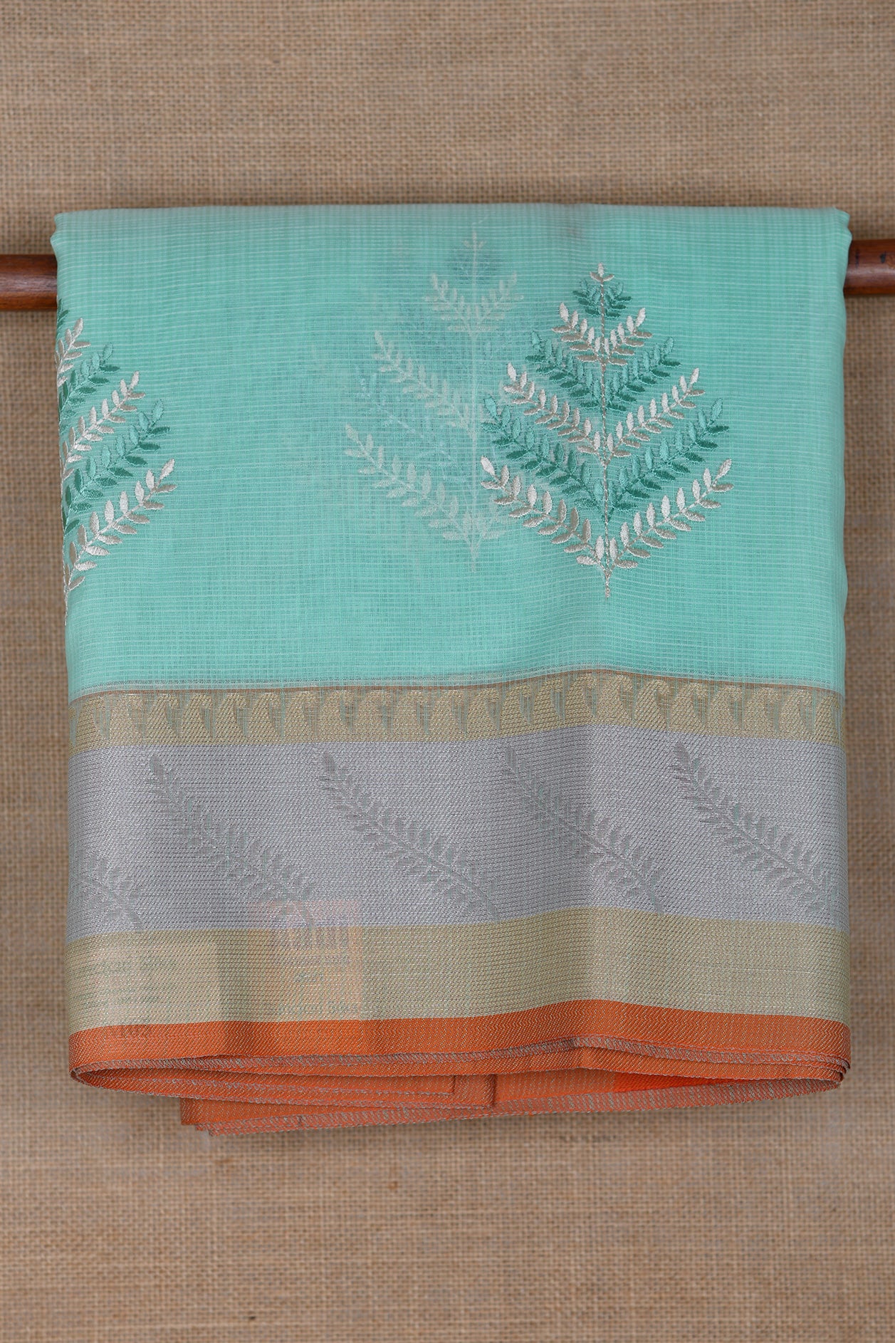  Threadwork Buttis With Silver And Gold Border Mint Green Kota Cotton Saree 