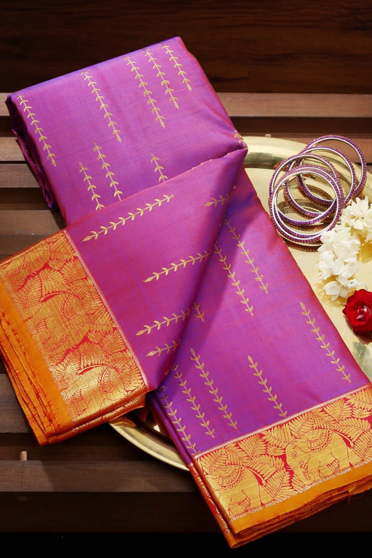  Elephant Zari Border Thoranam Design Purple Kanchipuram Silk Saree 