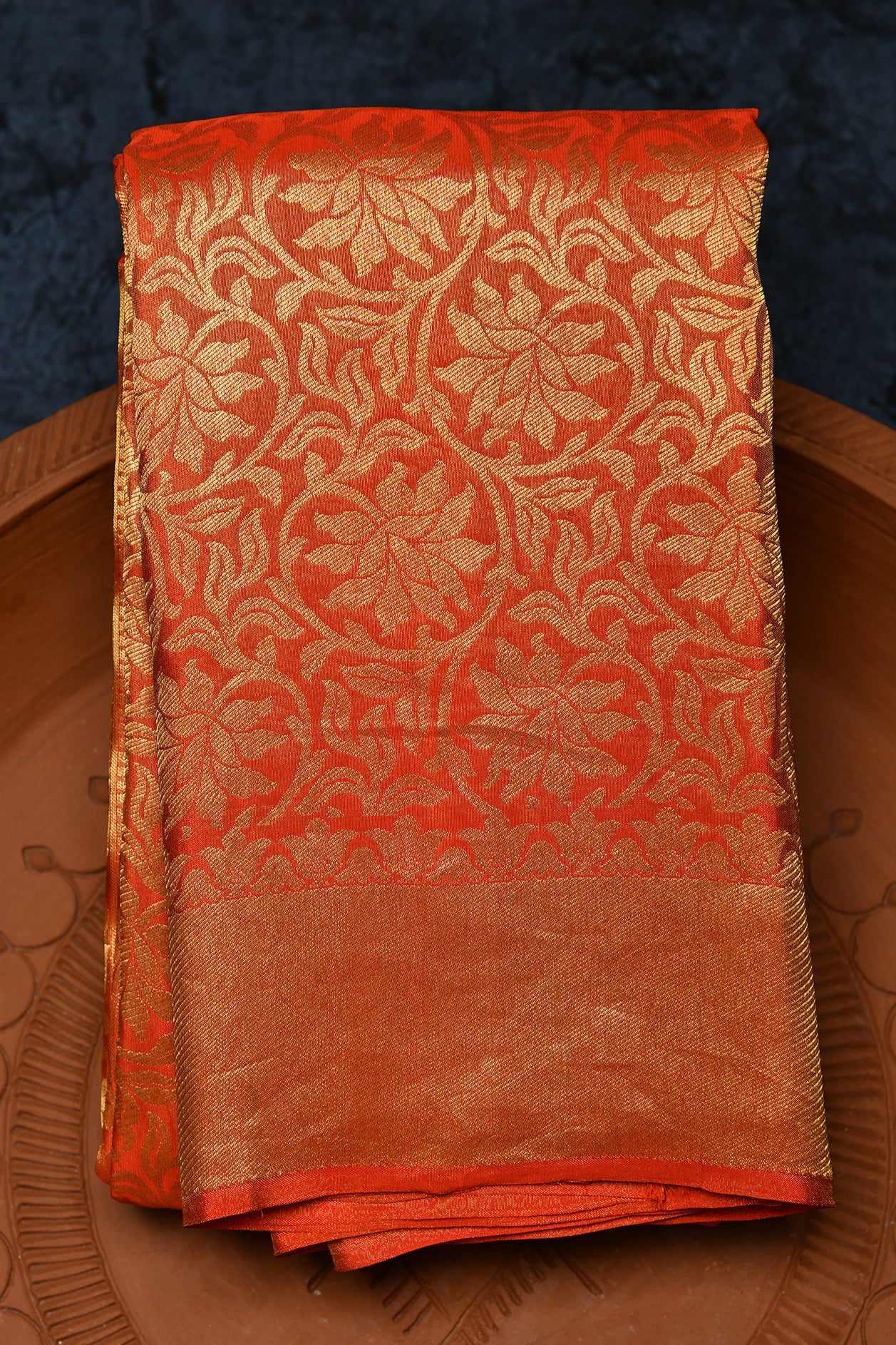  Allover Floral Zari Pattern Orange Kanchipuram Silk Saree 