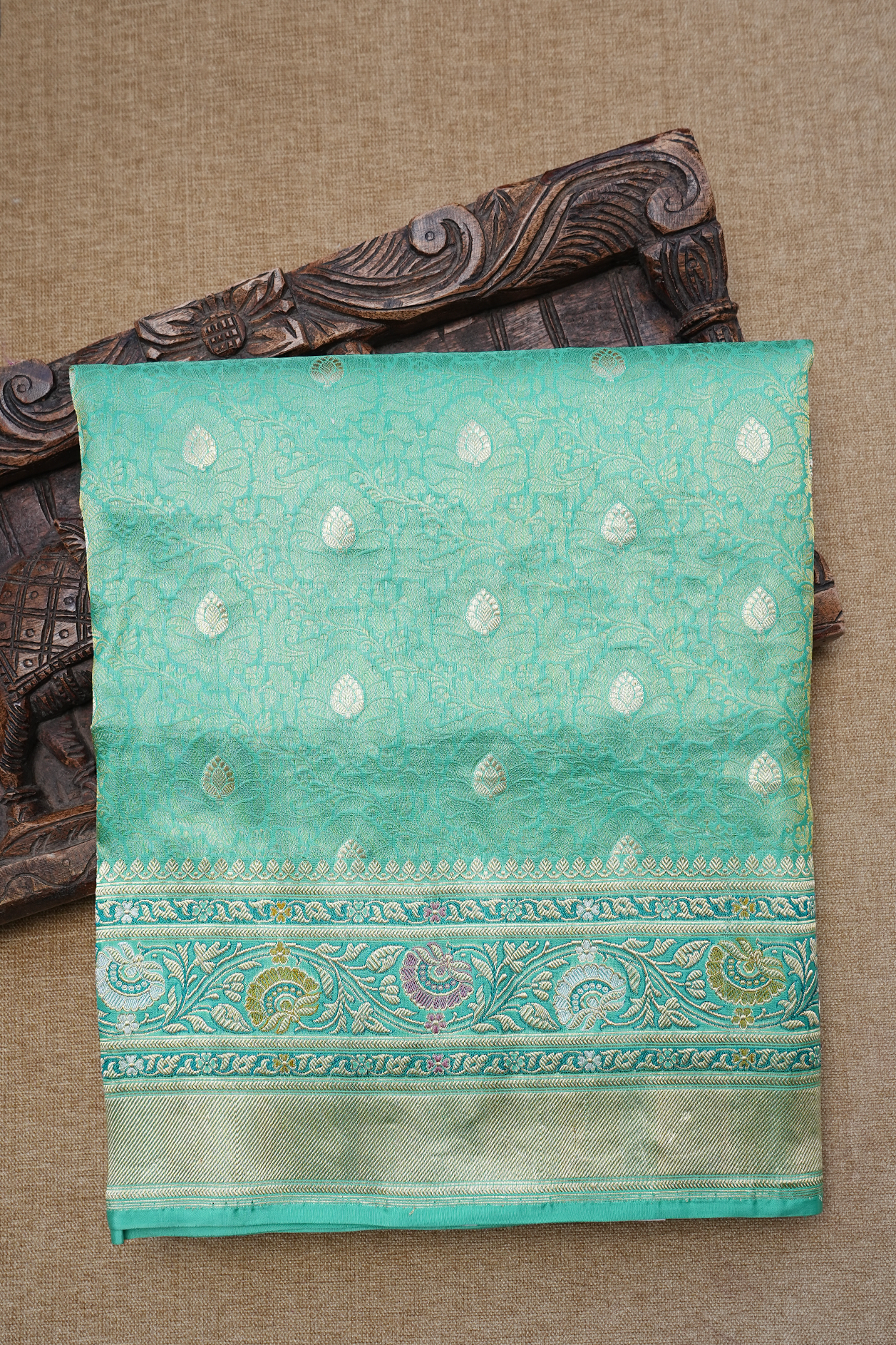  Zari Border In Brocade Sea Green Banarasi Silk Saree 