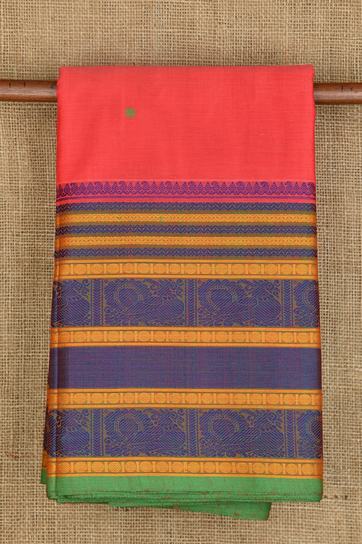  Traditional Thread Work Peacock Border With Buttis Dark Coral Pink Coimbatore Cotton Saree 