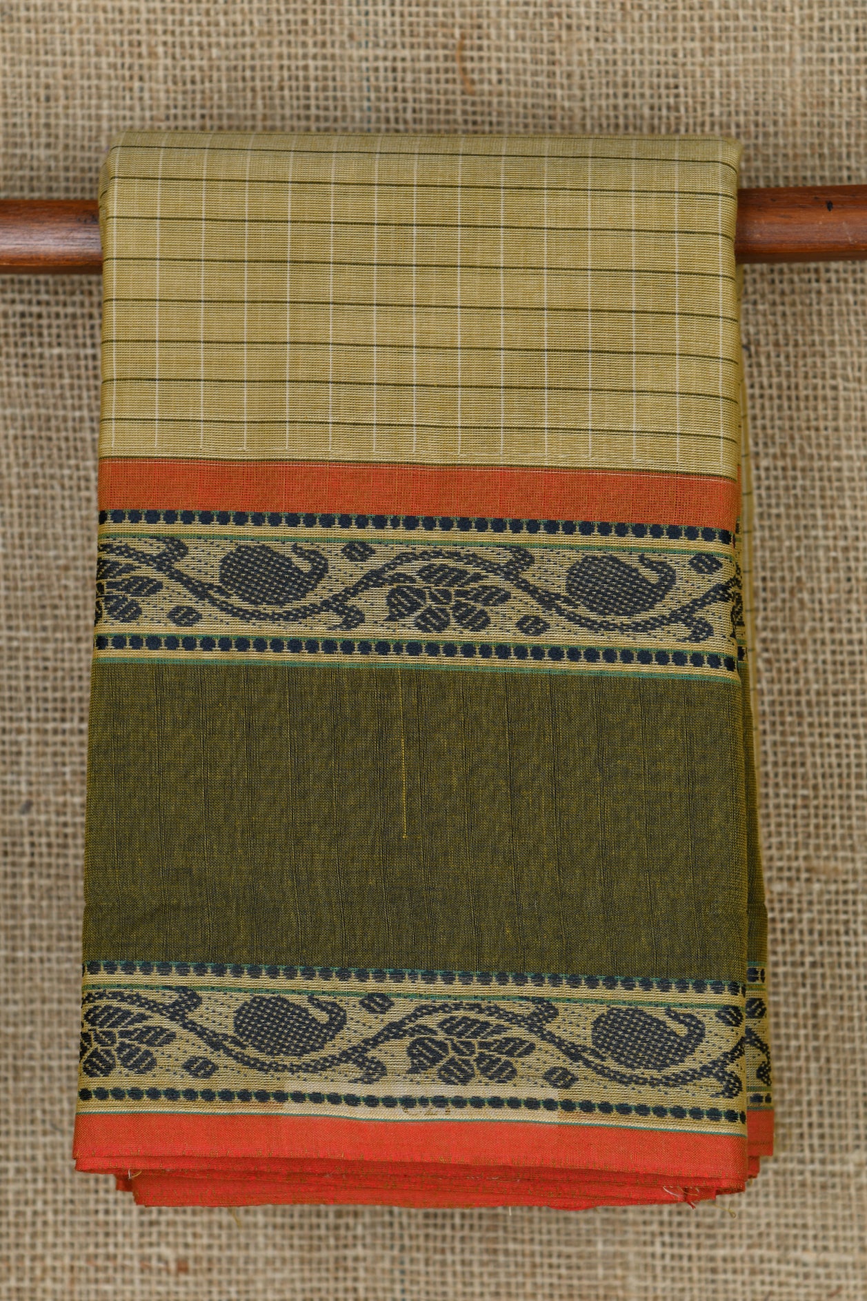  Traditional Thread Work Border With Checks Khaki Chettinadu Cotton Saree 