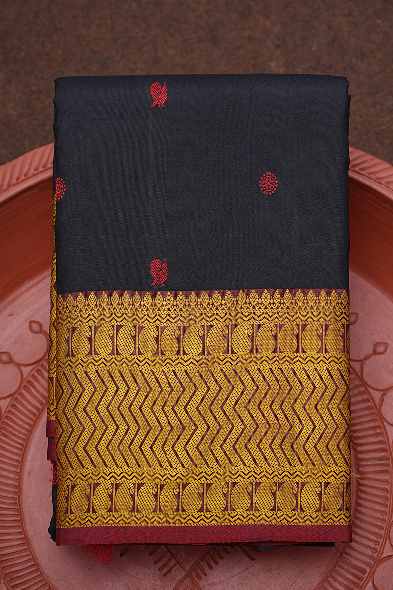  Floral Peacock Buttis Black Kanchipuram Silk Saree 