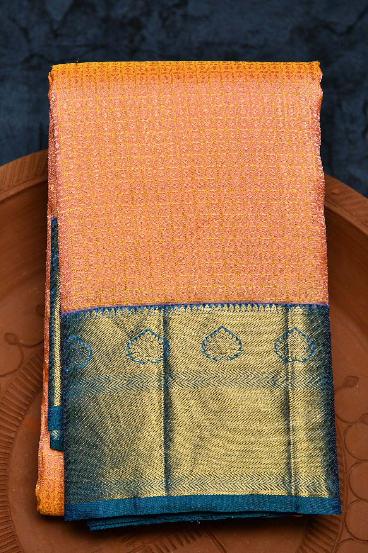  Contrast Border Checked Peach Orange Kanchipuram Silk Saree 