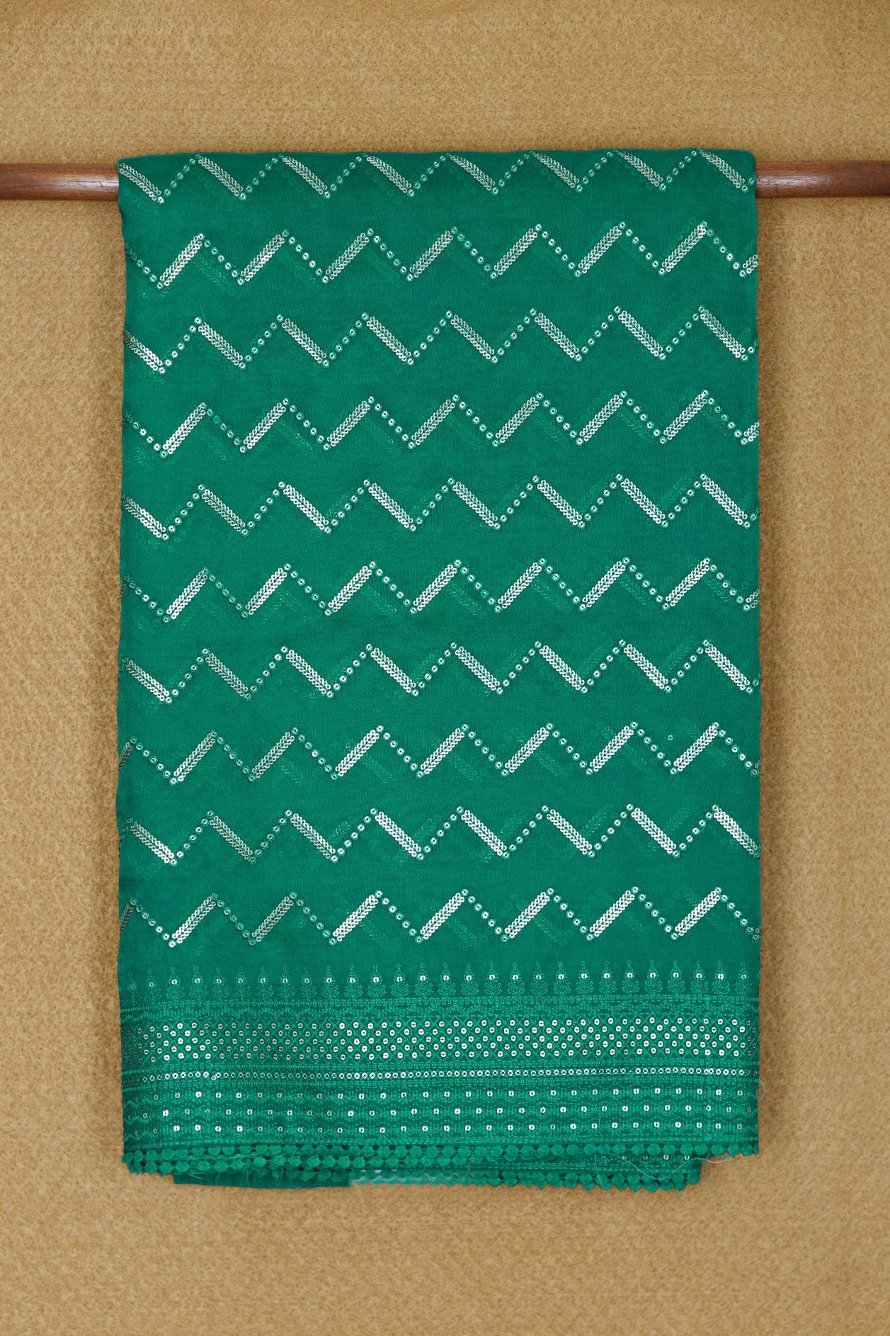  Embroidered Border With Sequence Work Chevron Design Pine Green Organza Saree 