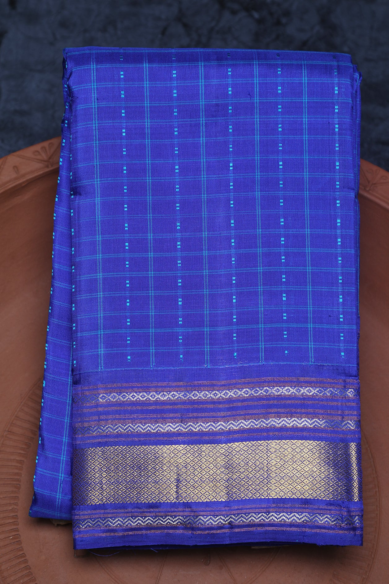  Checked Design Royal Blue Kanchipuram Silk Saree 