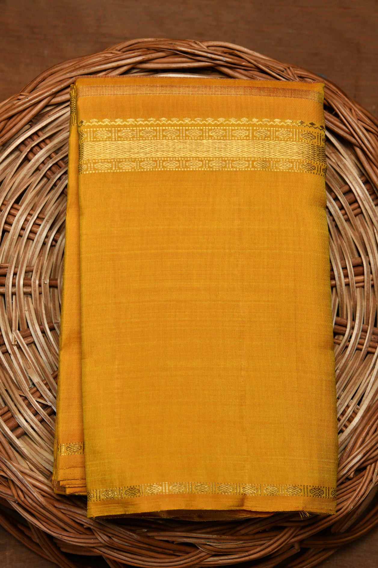  Rudraksh Border Design Ochre Yellow Kanchipuram Silk Saree 