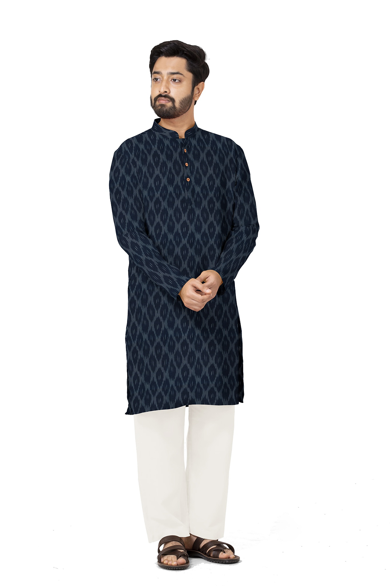  Chinese Collar Navy Blue Ikat Cotton Long Kurta 