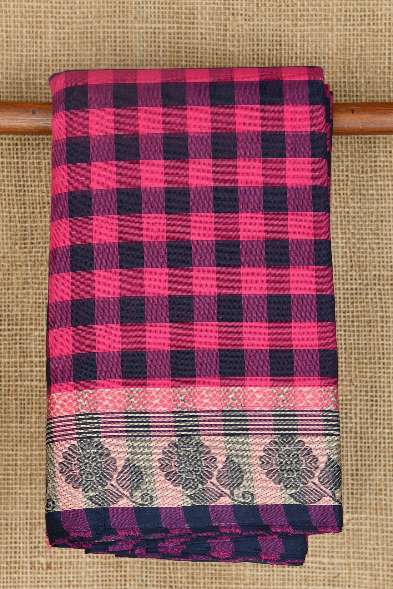  Thread Work Flower With Pink And Navy Blue Checks Chettinadu Cotton Saree 