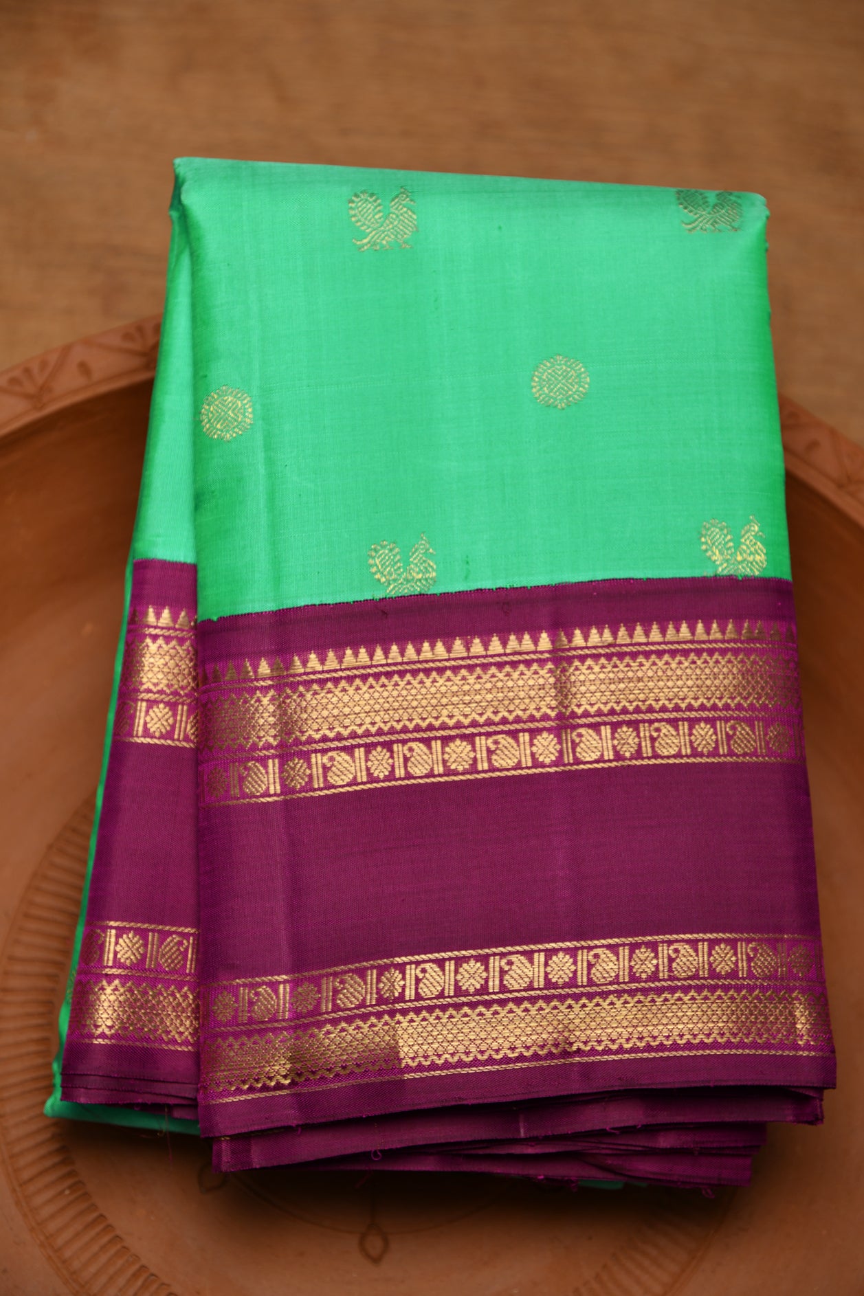  Contrast Border Traditional Design Turquoise Green Kanchipuram Silk Saree 