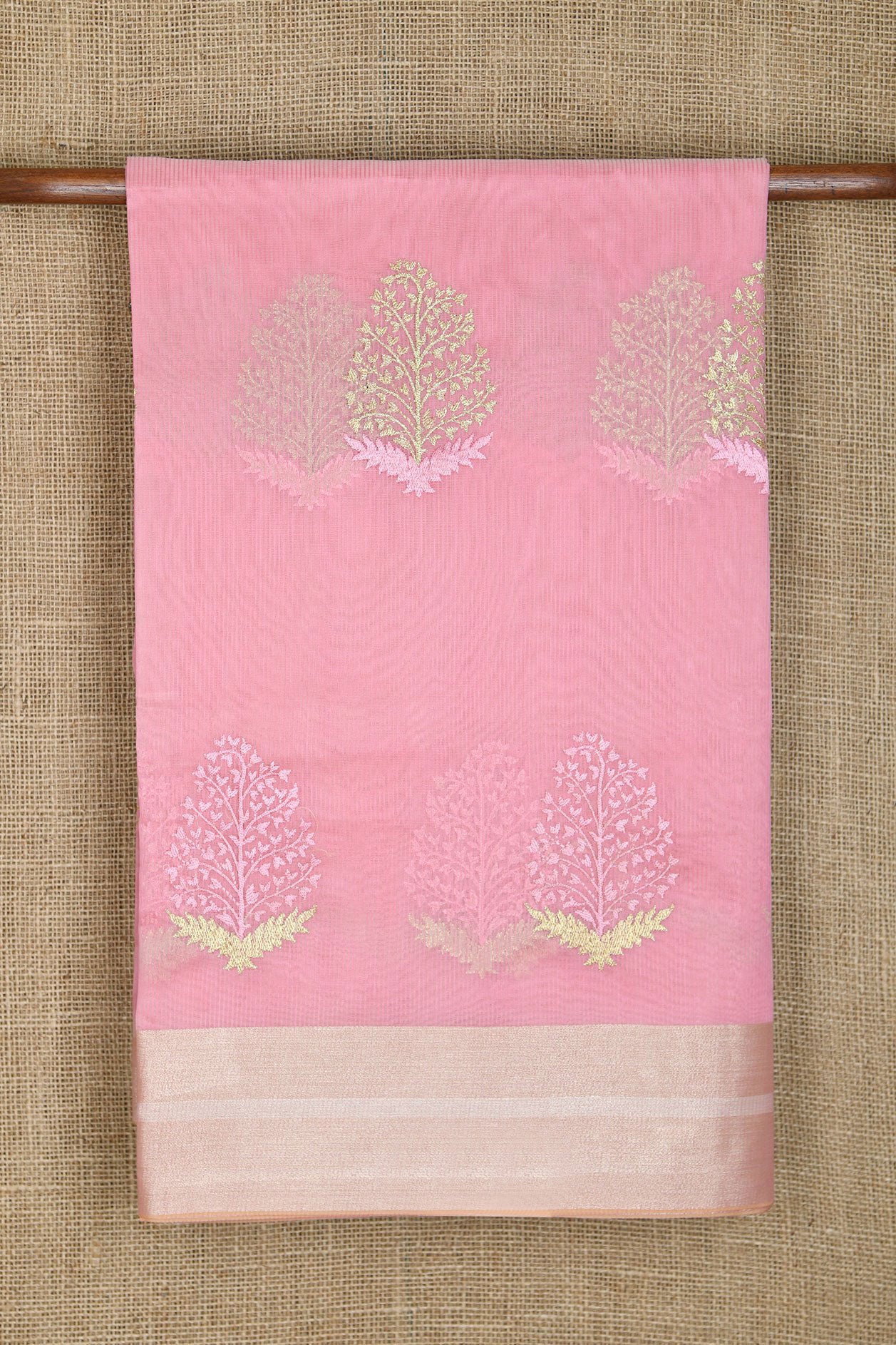  Zari Border In Embroidered Tree Motif Pastel Pink Semi Kota Saree 