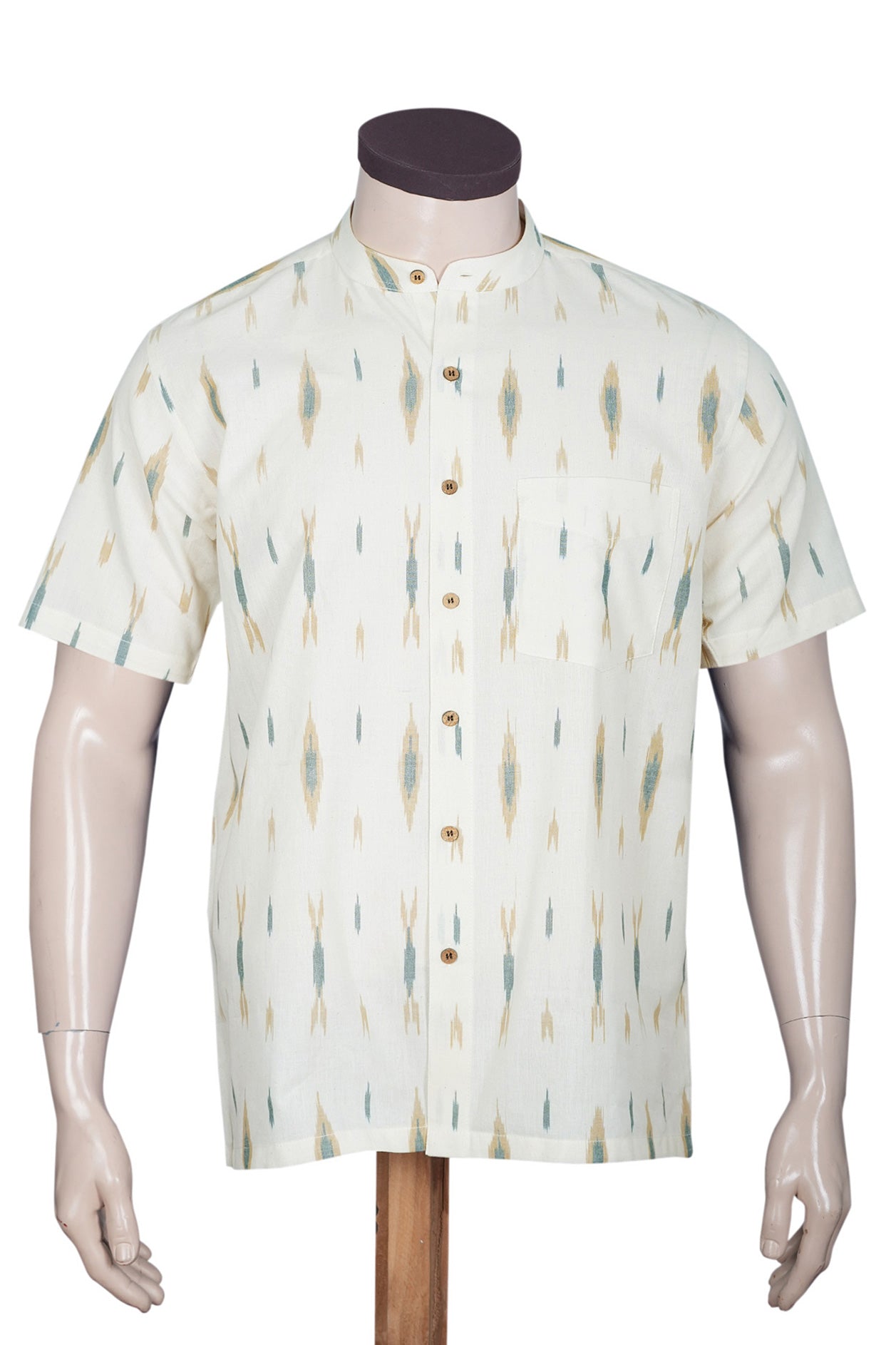  Chinese Collar Off White Ikat Cotton Shirt 