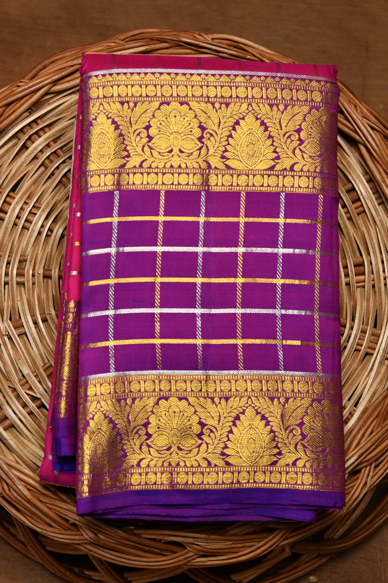  Gold And Silver Zari Checked Magenta Pink Kanchipuram Silk Saree 