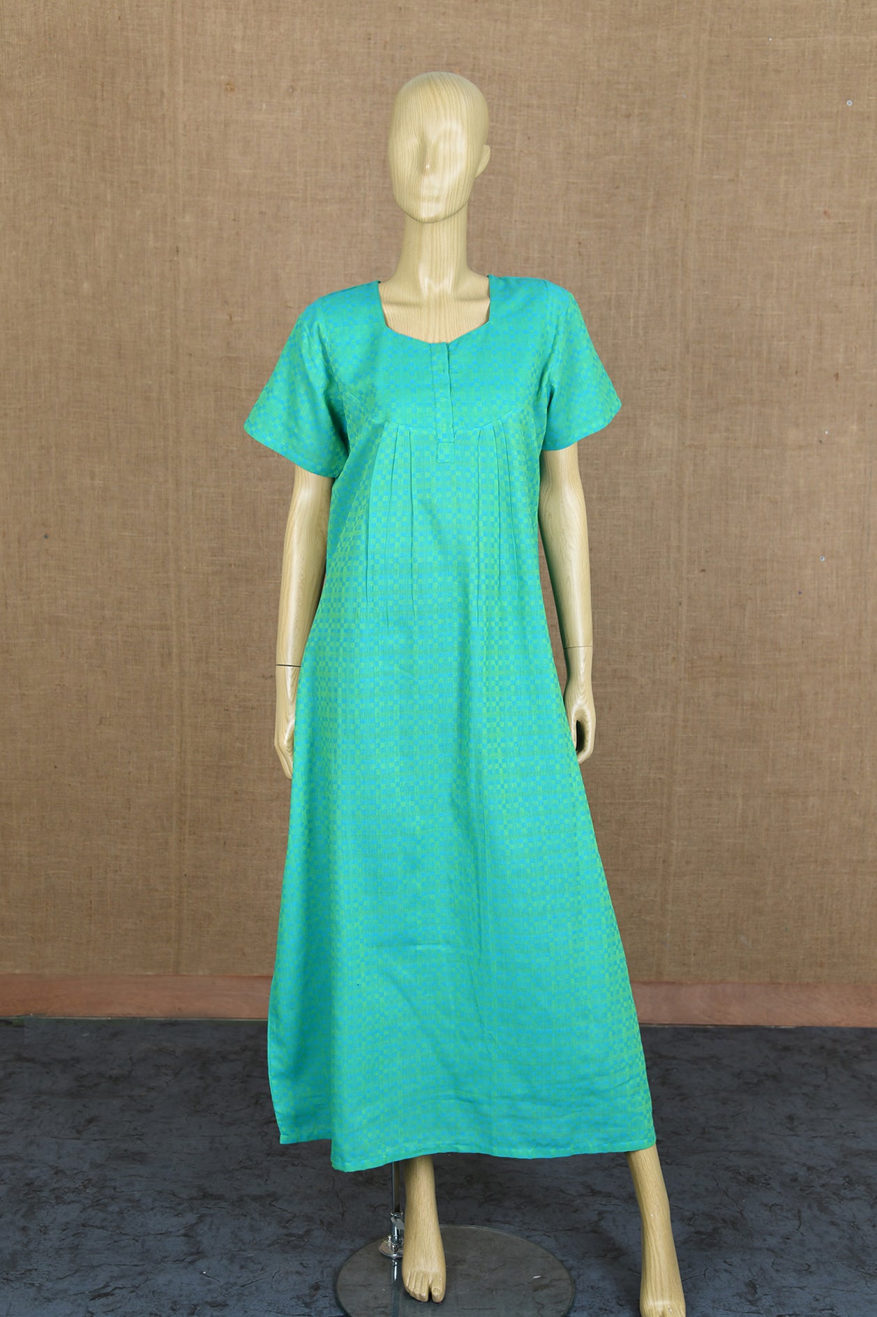  U-Neck Small Placket Geometric Design Sea Green Cotton Nightie 