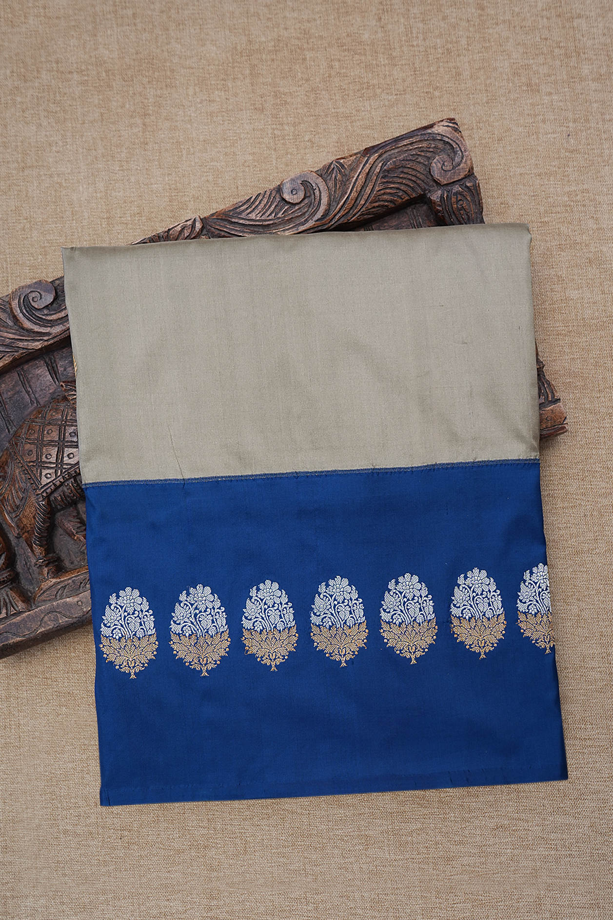  Contrast Border Greenish Grey Banarasi Silk Saree 